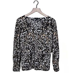 Talbots Womens size L 100% Merino Wool V-Neck Sweater Leopard Print Pullover